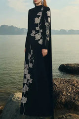 gloria High Neck Asymmetric Crystal Embellished maxi Dress in black