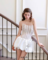 Flower bud puffy strapless mini dress in white