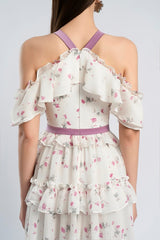 floral print bow collar ruffle flared maxi dress