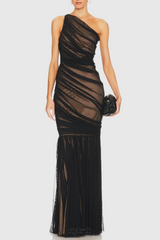 Cadhla One Shoulder Ruched Mesh Maxi Dress
