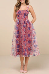 Delightful Look Magenta Floral Print Bustier Midi Skater Dress
