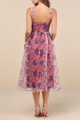 Delightful Look Magenta Floral Print Bustier Midi Skater Dress