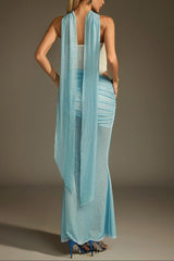 maggie off-shoulder Rhinestone Scarf Mesh Maxi Dress