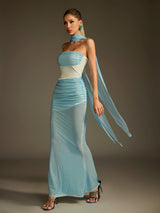 maggie off-shoulder Rhinestone Scarf Mesh Maxi Dress