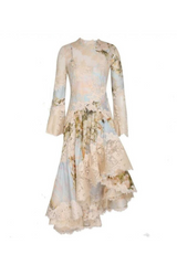 kristin Long Sleeves Floral Printed Asymmetric Lace Maxi Dress