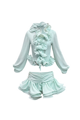 flounced chiffon blouse & skirt matching set in mint