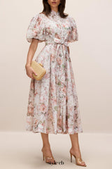 philipppa multicolor Floral Print Puff Sleeve Midi Dress