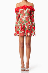 genevieve Rose flower strapless mini Dress In Red