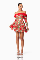 genevieve Rose flower strapless mini Dress In Red