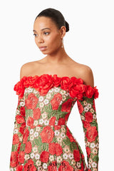 genevieve Rose flower strapless mini Dress In Red