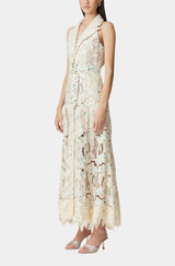 chloe sleeveless hollow lace maxi dress in beige