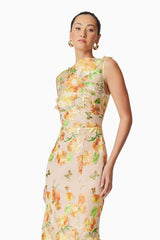 elsie 3d floral embroidered midi dress in yellow