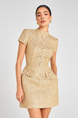 tiffany pearl-embellished tweed mini dress in gold