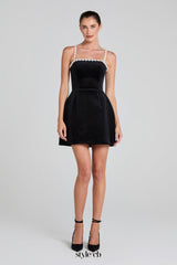 pearl embellished strap mini dress in black