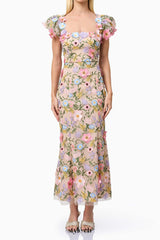 Nydia multicolor Square collar with 3D flower embroidery maxi dress