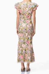 Nydia multicolor Square collar with 3D flower embroidery maxi dress