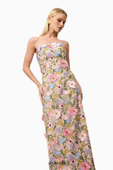 Helena Strapless Midi Dress In Floral apricot