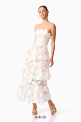 Selene 3D flower Tiered Maxi Dress In White