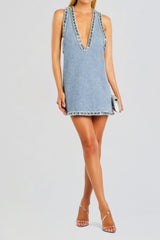 Stevie crystal Embellished Denim mini Dress in pale blue