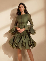 xanthe Flare Sleeve Button Mini Dress In Green