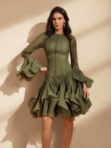 xanthe Flare Sleeve Button Mini Dress In Green