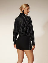 victoria Collar Rhinestone Shirt mini Dress in black