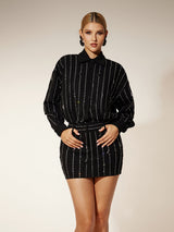 victoria Collar Rhinestone Shirt mini Dress in black