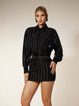 victoria Collar Rhinestone Shirt mini Dress in black
