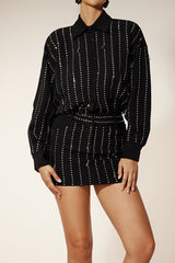 victoria Collar Rhinestone Shirt mini Dress in black