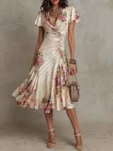 Elegant vintage floral satin midi dress