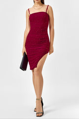 Embellished Bead Ruched Zipper Back Mesh Dress