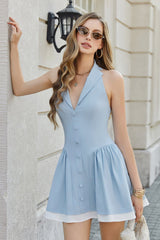 Embellished Button Backless Contrast Pleated Hem Dress