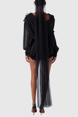 Ephai Ruched Chiffon Ruffle Two Piece Set - Black