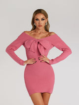kay Off Shoulder Bow jersey Mini Dress in rose red