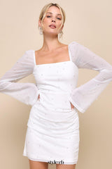 Flirty Luxury Ivory Mesh Pearl Long Sleeve Mini Dress