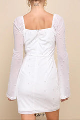 Flirty Luxury Ivory Mesh Pearl Long Sleeve Mini Dress