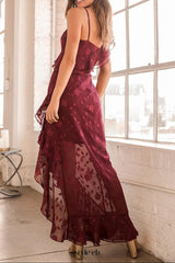 Burgundy Floral Jacquard Ruffled Maxi Dress