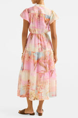 Puff Sleeves Tiered Midi Dress