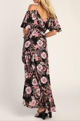 Bloomed Floral Off-the-Shoulder Maxi Wrap Dress in Black