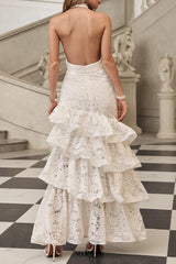 hazel white Deep V-neck halterneck layer ruffle trim maxi dress