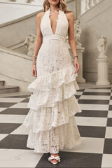 hazel white Deep V-neck halterneck layer ruffle trim maxi dress