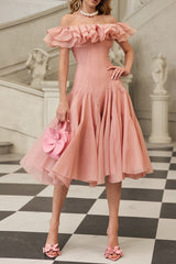 apphia Off Shoulder Ruffle Midi Dress In pink