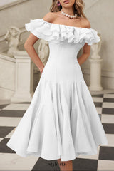 apphia Off Shoulder Ruffle Midi Dress In white