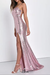 Sequin Lace-Up Mermaid Maxi Dress in pink
