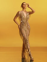 roberta Fringe Sequin Crystal Maxi Dress In Gold