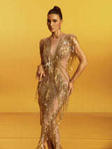 roberta Fringe Sequin Crystal Maxi Dress In Gold