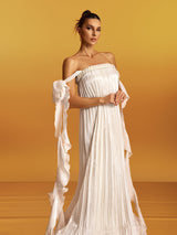 quintina Off Shoulder Pleated Maxi Dress in apricot
