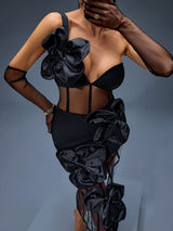 joanna One-Shoulder Bow-Floral Mesh Dress in black