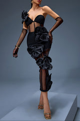 joanna One-Shoulder Bow-Floral Mesh Dress in black