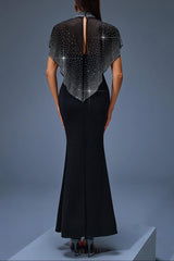 iris Beaded Neck Tulle Cape Maxi Dress in black